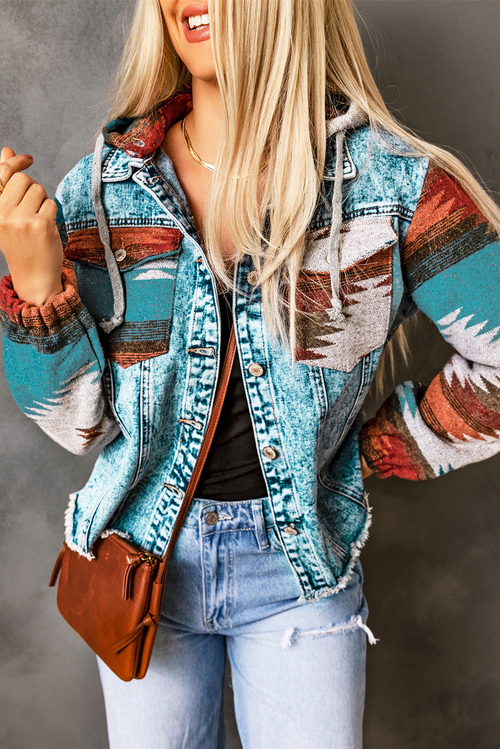 Multicolor Aztec Print Frayed Hem Denim Jacket