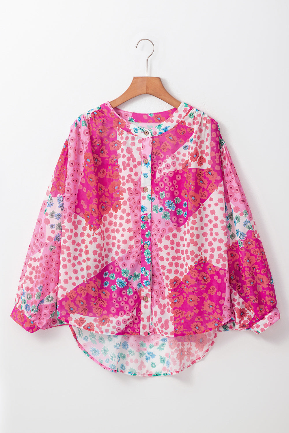 Rose Red Floral Allover Print Buttoned V Neck Oversized Shirt