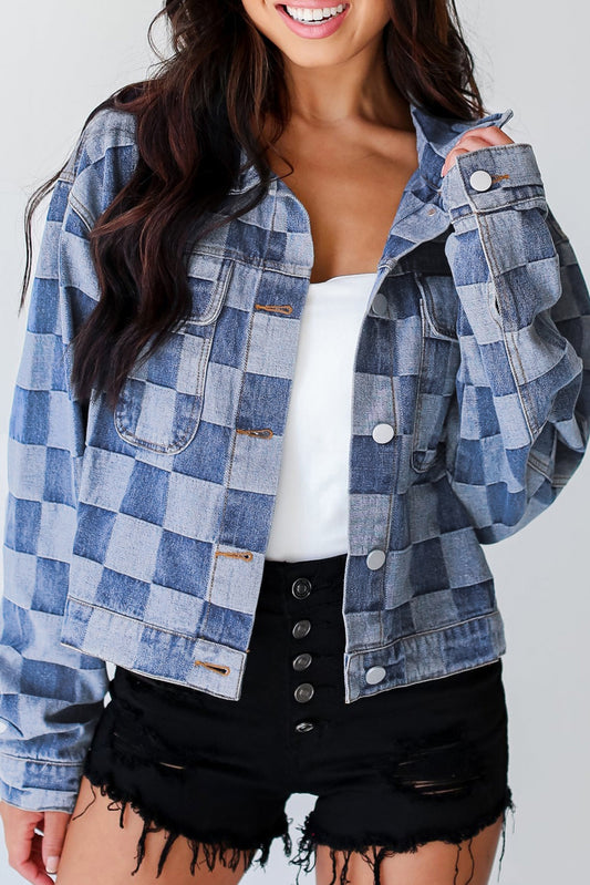 Light Blue Checkered Patchwork Button up Denim Jacket