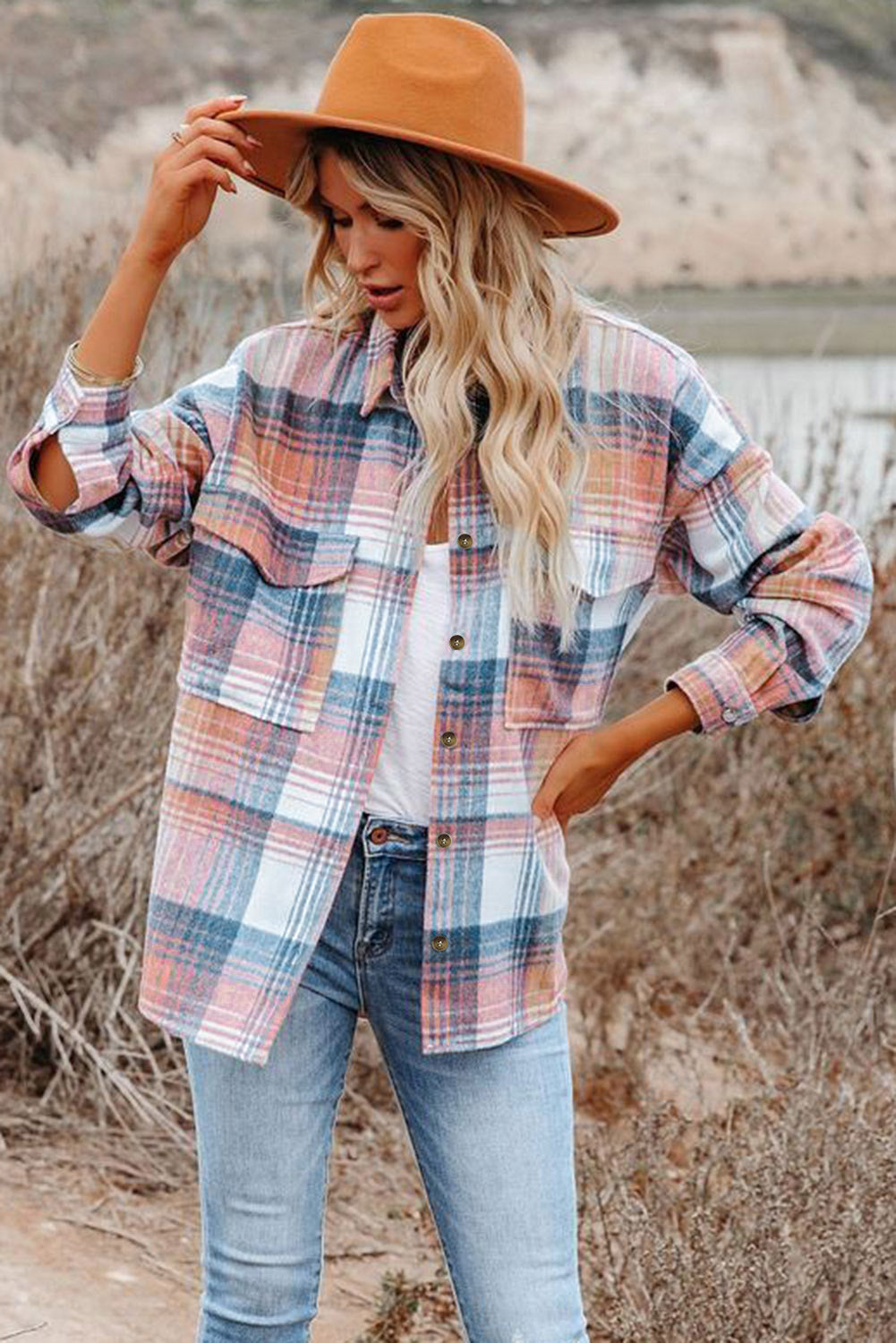 Pink Black/Pink Plaid Flap Pockets Jacket