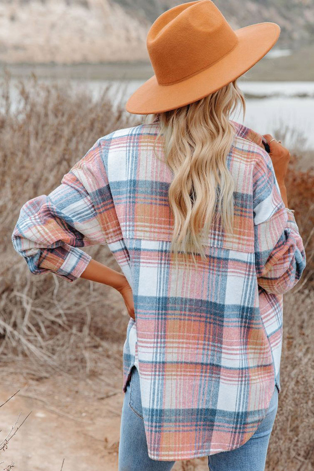 Pink Black/Pink Plaid Flap Pockets Jacket